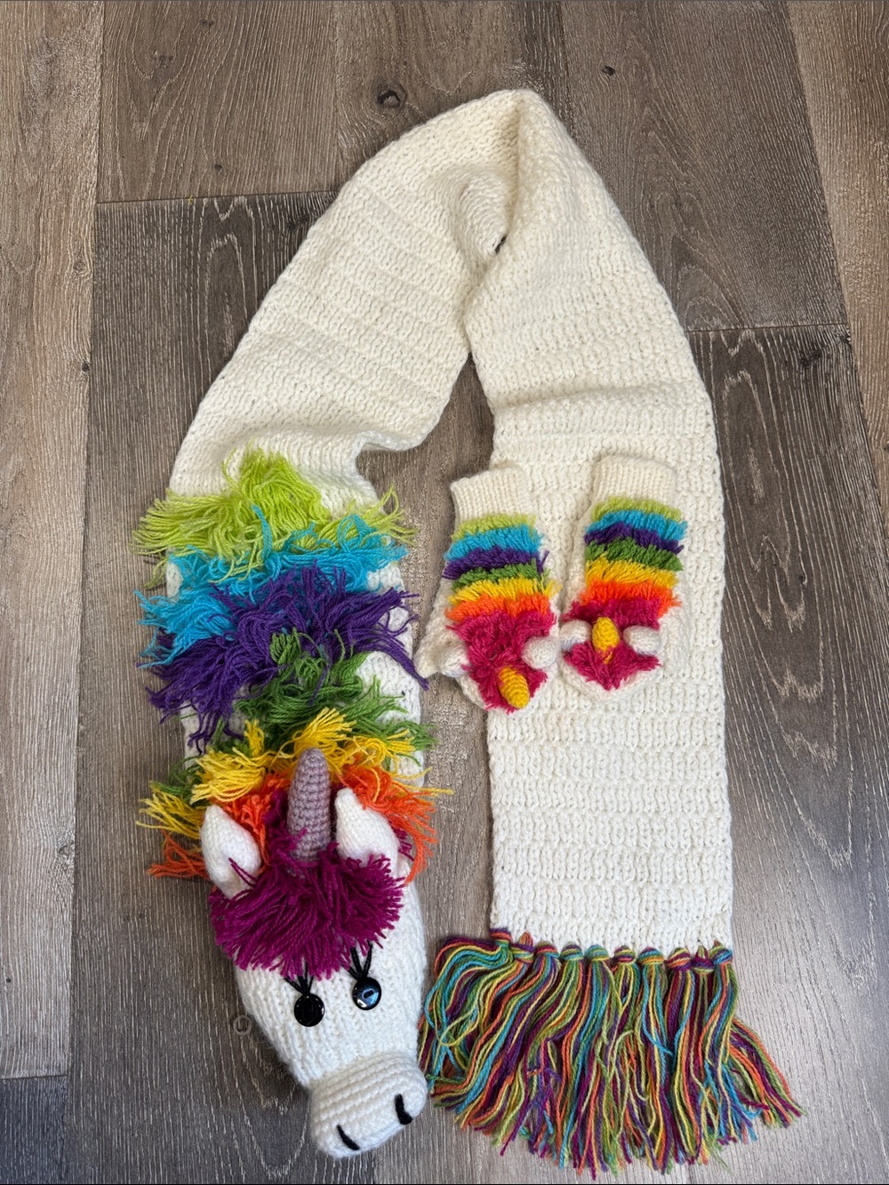Cream Kids Unicorn Scarf and Rainbow Mittens Set 0779